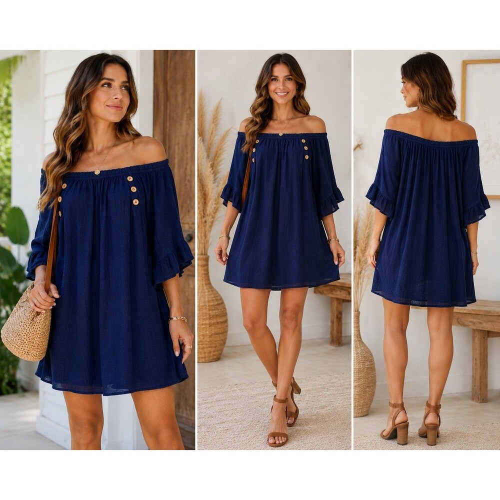 Naif Navy Women L Off Shoulder Tunic Dress Boho Peasant Romantic Minimalist Chic